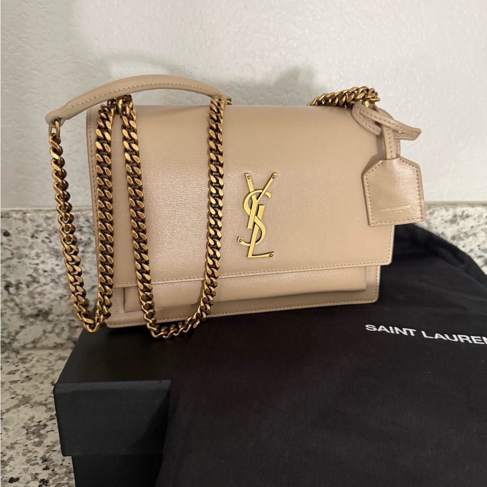 Yves Saint Laurent Nude Leather Shoulder Bag with Gold Chain